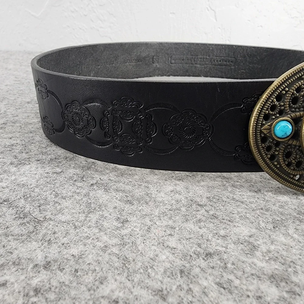 Fossil Black Embossed Leather Turquoise Filigree Buckle Western Boho Belt Small